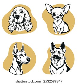 Four different dog breeds are shown in a row, each with a different expression. The first dog has a serious look, the second has a happy expression, the third has a sad expression