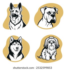 Four different dog breeds are shown in a row, with one of them being a husky. The other three breeds are a boxer, a shih tzu, and a poodle. The image is a collection of dog breeds