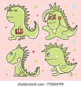 Four different dragons in cartoon style on a pink background with confetti.