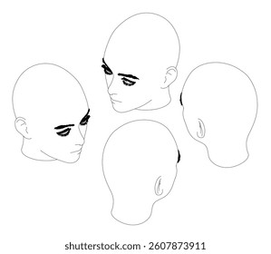 Four different drawings of a head, all of which are white. The drawings are all of the same size and are all of the same shape. Isometric view