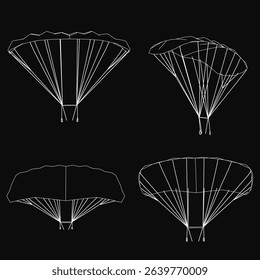 Four different drawings of a parachute. The first drawing is a close up of the parachute's canopy, the second drawing is a close up of the parachute's frame