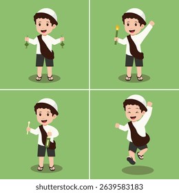 Four different dynamic poses of a young boy in traditional clothing, set against a light green background. Each pose depicts a different action or activity. The boy is depicted in a cartoon style with