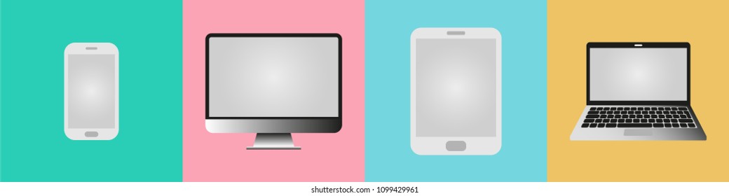 Four different electronic devices from phone through tablet and laptop to desktop computer