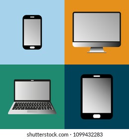 Four different electronic devices from phone through tablet and laptop to desktop computer
