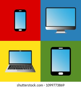 Four different electronic devices from phone through tablet and laptop to desktop computer