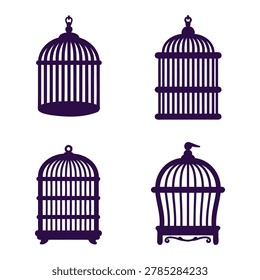 Four different empty bird cage silhouettes on white background
