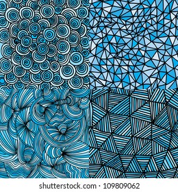four different examples of seamless abstract pattern design in blue