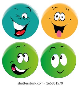 four different faces with different colors and different smiles
