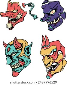 Four different faces with one of them being a devil. The other three are also demonic looking. The faces are all different colors and styles