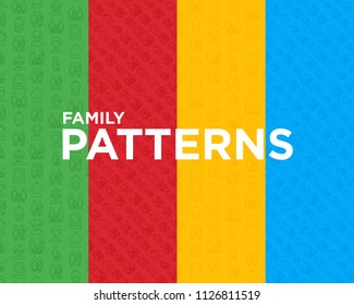 Four different family seamless patterns with thin line icons: mother, father, newborn, son, daughter, lesbian, gay, single mother and child, grandmother, grandfather. Vector illustration.