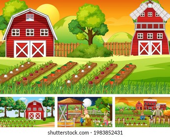 Four different farm scenes with animals illustration