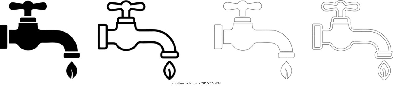 Four different faucet and water spout icons with water dripping Editable