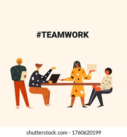 Four different flat characters working together. Teamwork concept. Brainstorming concept. Coworkers talking about something. Vector illustration in modern colorful style eps 10.
