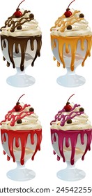 Four different flavored ice cream sundaes with toppings