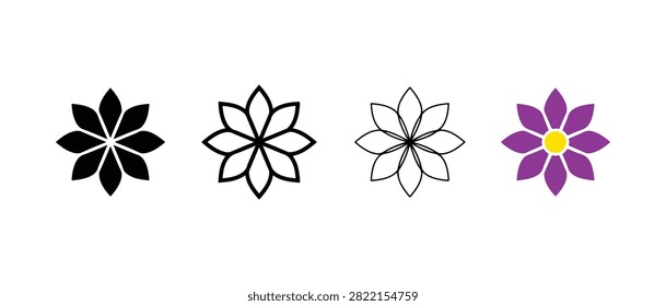 Four different flower icons in black white and purple with yellow center on white background