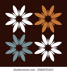 Four different flowers with white, brown, and muted blue petals on a dark brown background. The symmetrical arrangement Background, vector illustration.