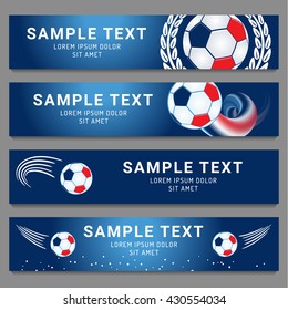 Four different football panoramic banner designs in blue, white and red with a football flying through the air with motion lines, copy space and a simple motif to the side