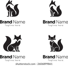 Four different foxes with the same brand name. Each fox is sitting in a different position. The foxes are all black and white