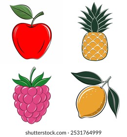 Quatro diferentes imagens de frutas, incluindo uma maçã vermelha, um limão amarelo, uma uva roxa e um abacaxi