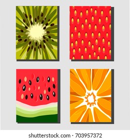 Four different fruit vector posters.Close up of kiwi, strawberry, watermelon, orange. Elements for your designs, prints, advertising, menu decoration, tags, labels, etc.