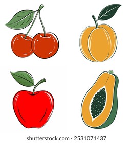 Four different fruits are drawn in a cartoon style. The fruits include an apple, a cherry, a peach, and a pear. The image has a playful and colorful mood, with the fruits being drawn in a stylized way