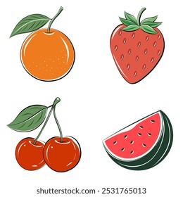 Four different fruits are drawn in a cartoon style. The fruits are a watermelon, a cherry, an orange, and a strawberry. The watermelon is cut in half