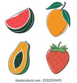 Four different fruits are drawn in a cartoon style. The fruits include a watermelon, a strawberry, a mango, and a peach. The watermelon is cut in half