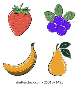 Four different fruits are shown in the image, including a banana, a strawberry, a blueberry, and a pear. The fruits are arranged in a grid, with each fruit occupying a different space in the grid