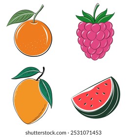 Four different fruits are shown in the image, including a watermelon, a raspberry, an orange, and a lemon. The fruits are drawn in a stylized, cartoonish way, with each one having a unique shape