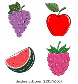 Four different fruits are shown in the image, including a watermelon, an apple, grapes, and a raspberry. The fruits are all drawn in a stylized, cartoonish way, with the watermelon cut in half