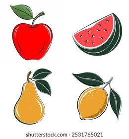 Quatro frutas diferentes são mostradas na imagem, incluindo uma maçã vermelha, uma pera amarela, uma melancia verde e um limão amarelo. As frutas são organizadas em uma grade