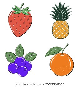 Four different fruits are shown in the image, including a strawberry, blueberry, orange, and pineapple. The fruits are drawn in a stylized and colorful way, with each one having a unique shape