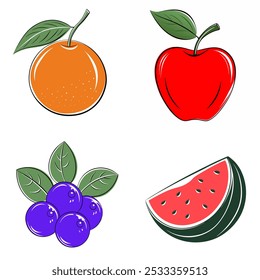 Four different fruits are shown in the image, including an orange, an apple, a watermelon, and a blueberry. The fruits are drawn in a stylized, cartoonish way, with each one having a unique shape