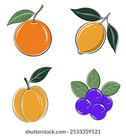 Four different fruits are shown in the image, including an orange, a lemon, a plum, and a blueberry. The fruits are all drawn in a stylized, cartoonish way, with each one having a unique shape