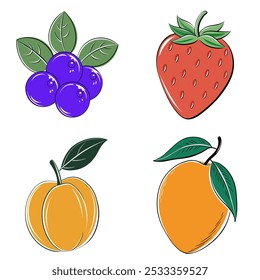 En la Imagen se muestran cuatro frutas diferentes, incluida una ciruela, una fresa, un arándano y un melocotón. Los frutos se dibujan de una manera estilizada y caricaturesca, con cada uno teniendo una forma única