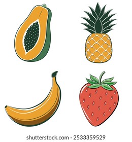 Cuatro frutas diferentes se muestran en la Imagen, incluyendo un plátano, una fresa, una piña y una papaya. Los frutos están dispuestos de una manera que crea una sensación de variedad y abundancia