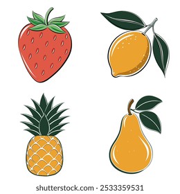 Four different fruits are shown in the image, including a pineapple, a strawberry, a lemon, and a pear. The fruits are drawn in a stylized and colorful way, with the pineapple