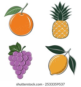 Quatro frutas diferentes são mostradas na imagem, incluindo um limão, uma laranja, um abacaxi e uma uva. As frutas são todas desenhadas de uma forma estilizada e cartunista, com cada uma tendo um design único