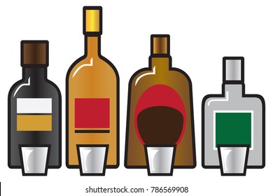 Four different full liquor bottles accompanied by four shot glasses