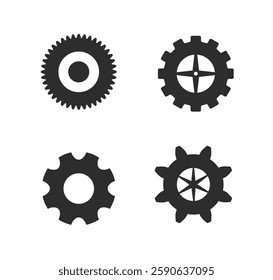 Four different gear icons shown in flat graphic style on a white background. Concept of engineering, mechanics, and technology. Vector illustration