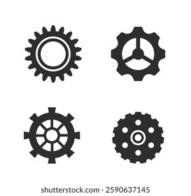 Four different gear icons shown in black silhouette style on a white background. Concept of machinery and engineering. Vector illustration