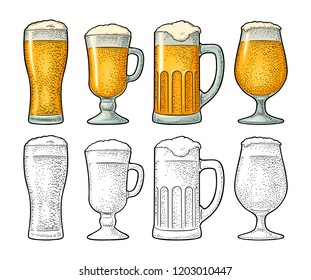 Four different glasses for beer. Engraving vintage vector color and black illustration. Isolated on white background. Hand drawn design element for label and poster