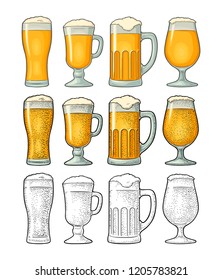 Four different glasses for beer. Engraving vintage vector color and black illustration. Isolated on white background. Hand drawn design element for label and poster