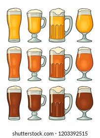 Four different glasses with three types beer - light, red and porter. Vintage color vector illustration. Isolated on white background. Hand drawn design element for label and poster