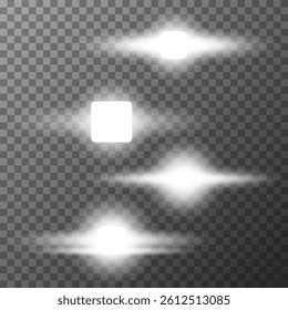 Four different glowing elements, on a transparent background, a square light source with horizontal rays, with soft diffusion, to create lighting effects, glare and shine in the design. Vector EPS10.
