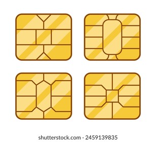 Four Different Golden Sim Cards Each Featuring Unique Internal Memory Circuit Designs and Formats, Vector Illustration