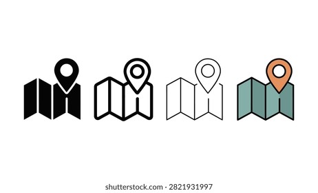 Four different graphic styles of a folded map with a prominent location pin symbol on top