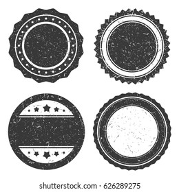 Four different grunge badge template, black scratched circle stamp old styled, vector illustration.