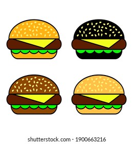 Four different hamburger or cheeseburger on white background, symbol or sign for design, vector illustration