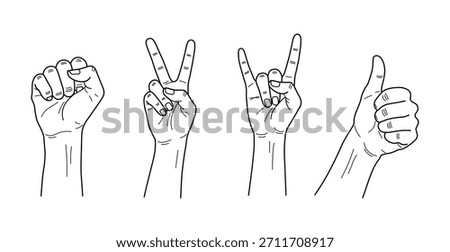 Four different hand gestures fist, peace sign, rock, and thumbs up